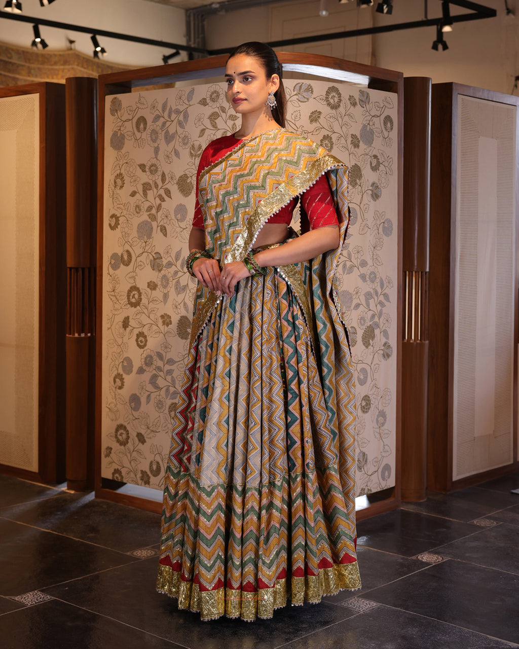 Beige Leheria Tussar Silk Lehenga