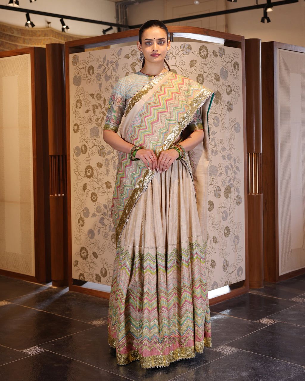 Beige Leheria Tussar Silk Lehenga