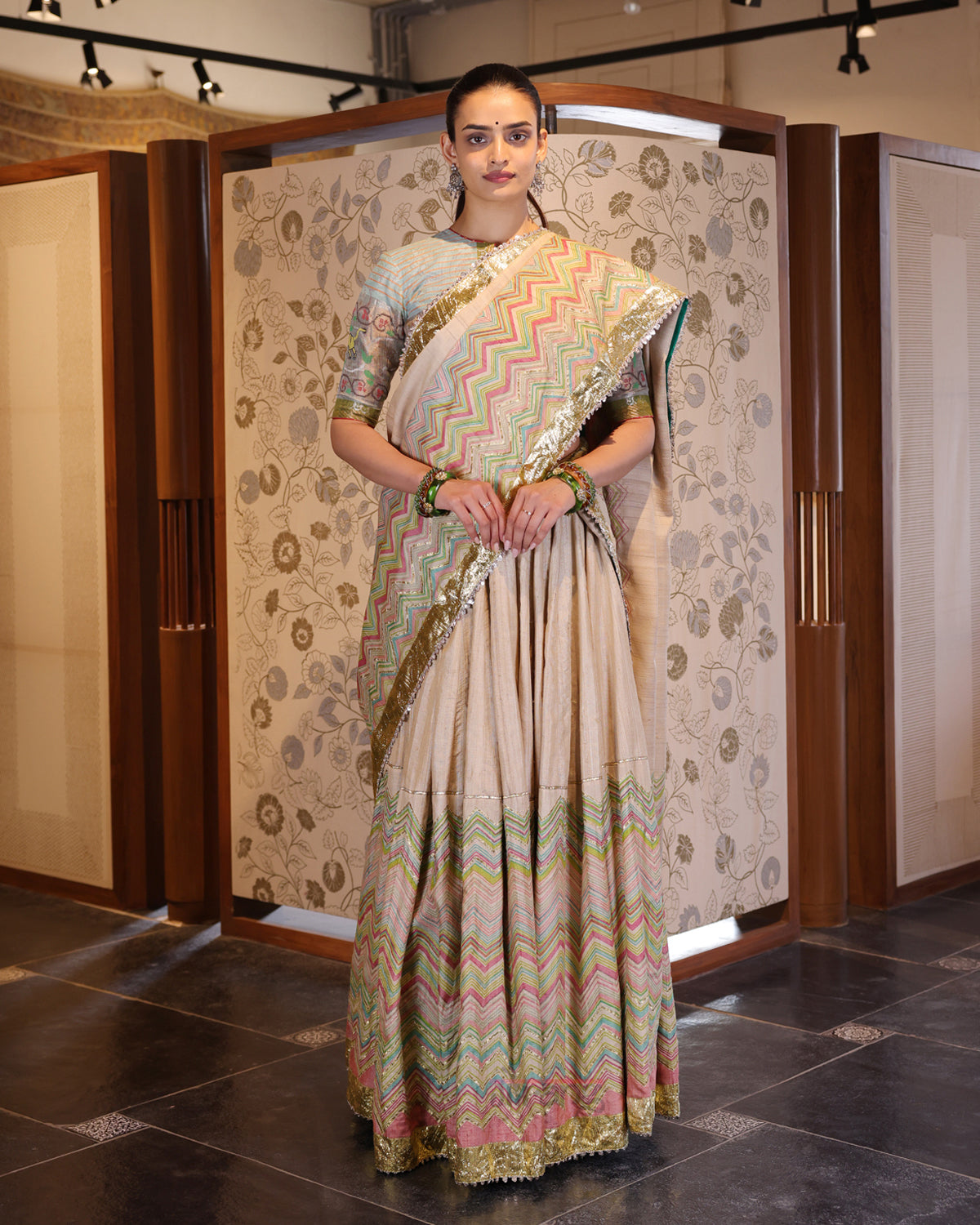 Beige Leheria Tussar Silk Lehenga