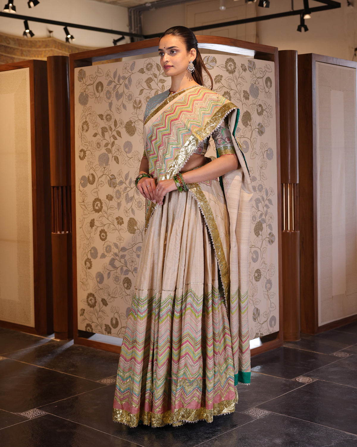 Beige Leheria Tussar Silk Lehenga