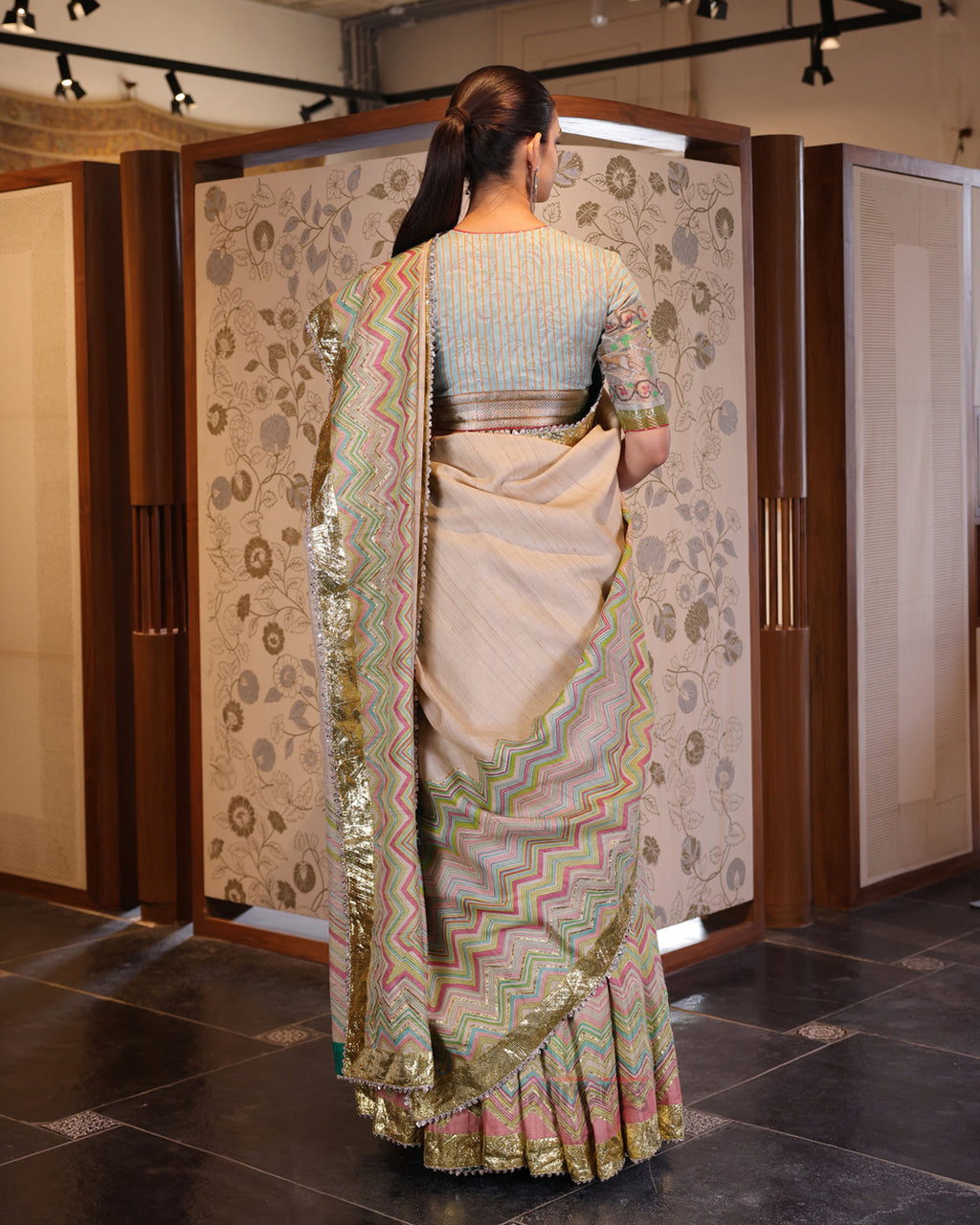 Beige Leheria Tussar Silk Lehenga