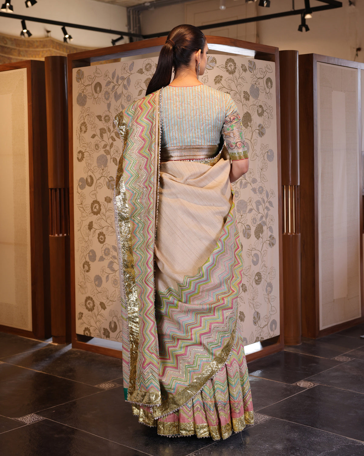 Beige Leheria Tussar Silk Lehenga