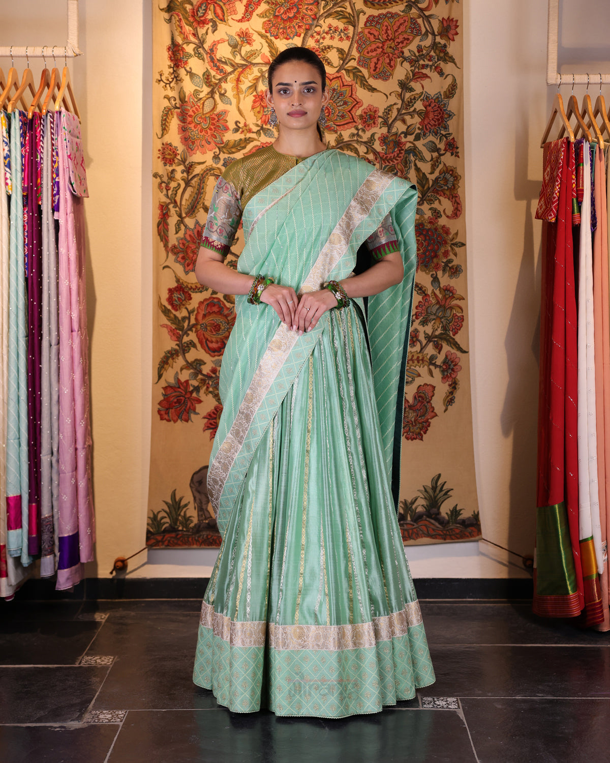 Sea Green Red Handwoven Chanderi Silk Lehenga