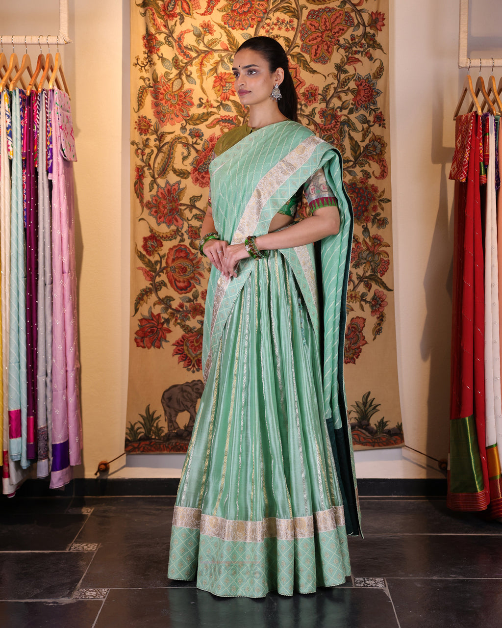 Sea Green Red Handwoven Chanderi Silk Lehenga