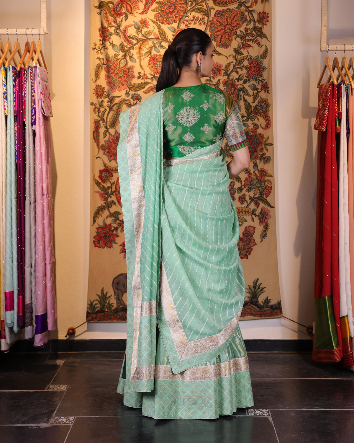 Sea Green Red Handwoven Chanderi Silk Lehenga