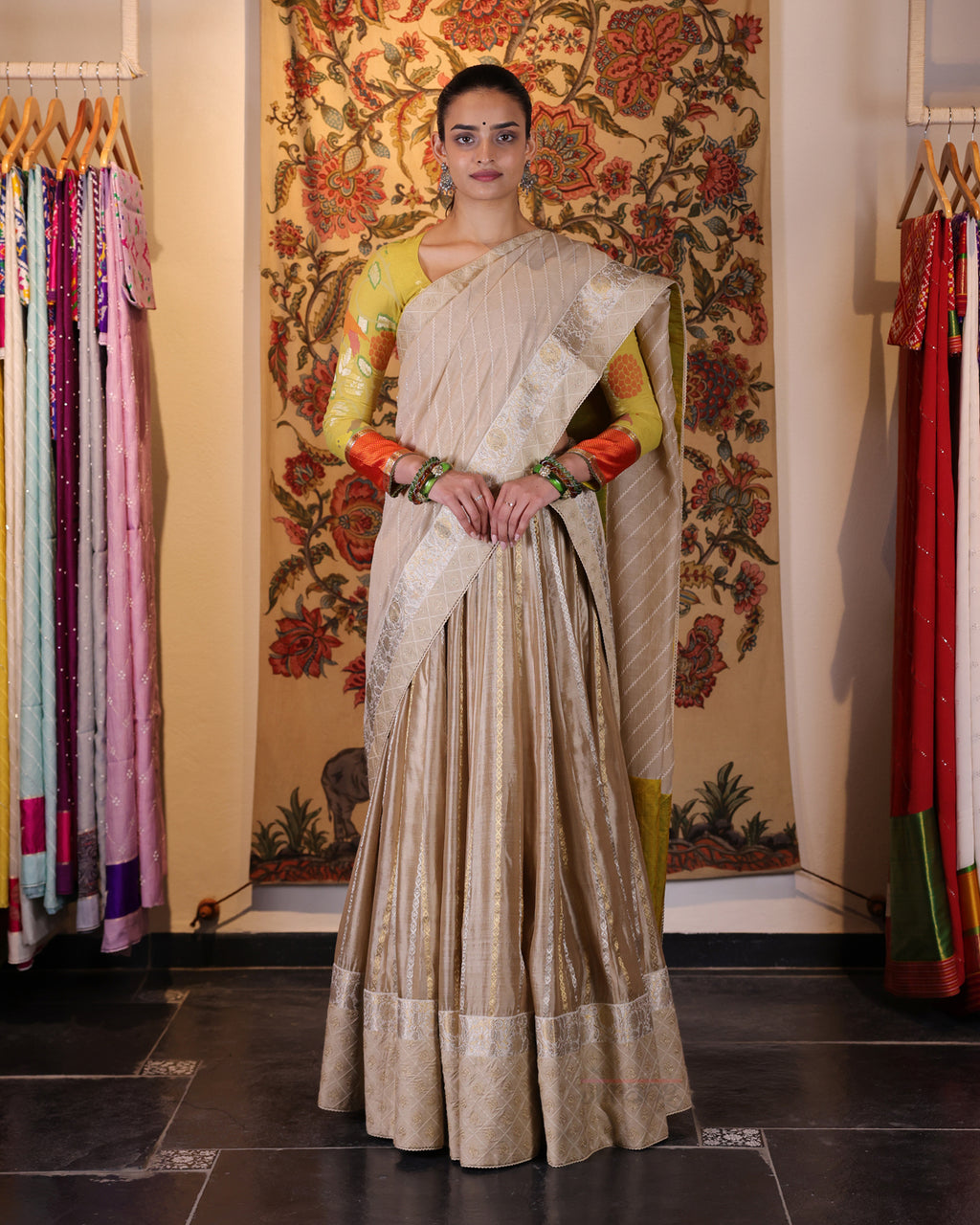 Beige Handwoven Chanderi Silk Lehenga