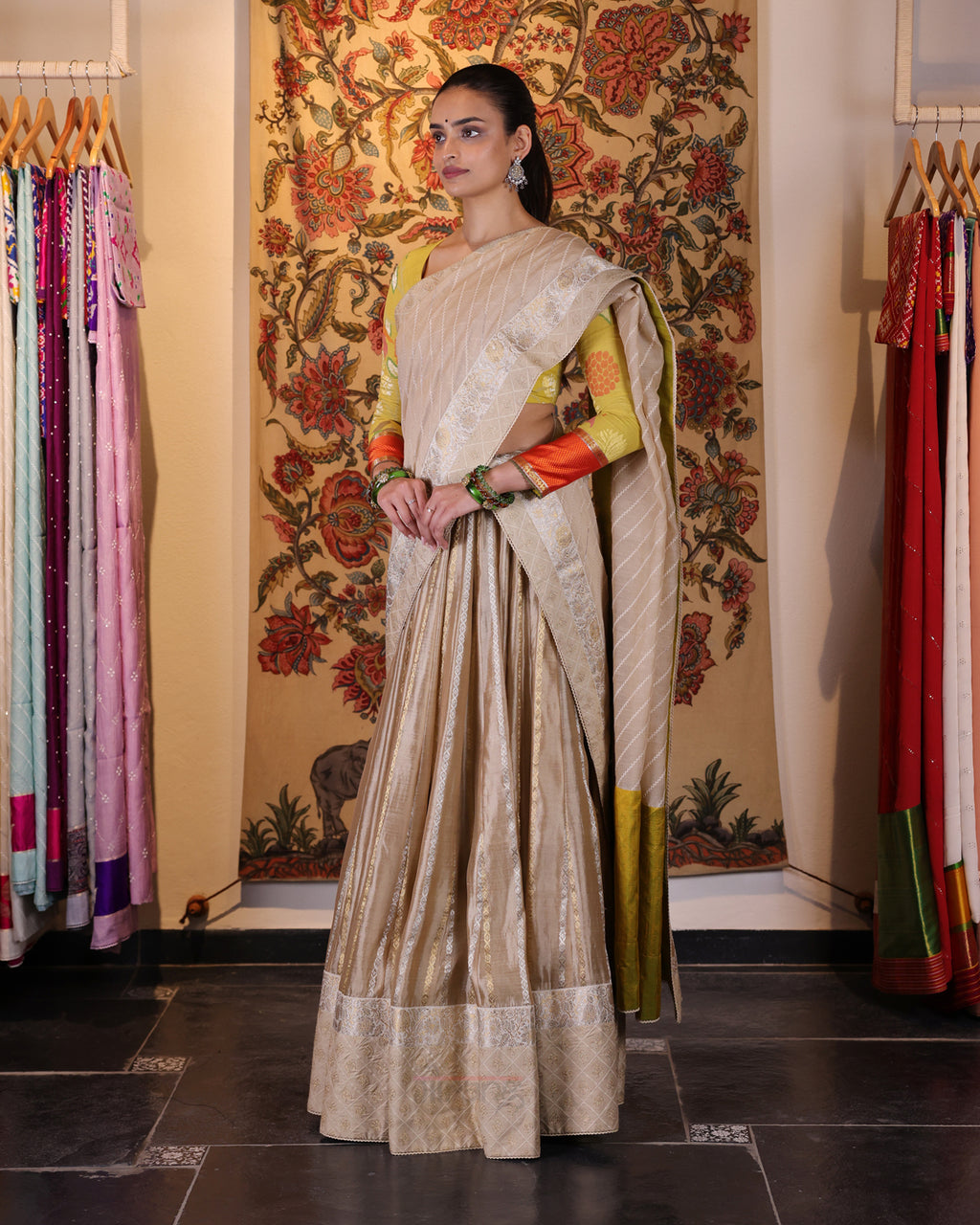 Beige Handwoven Chanderi Silk Lehenga