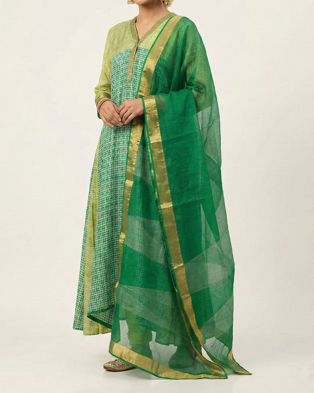 Green Handwoven Tussar Discharge Print Sufi-Cut Kurta Set